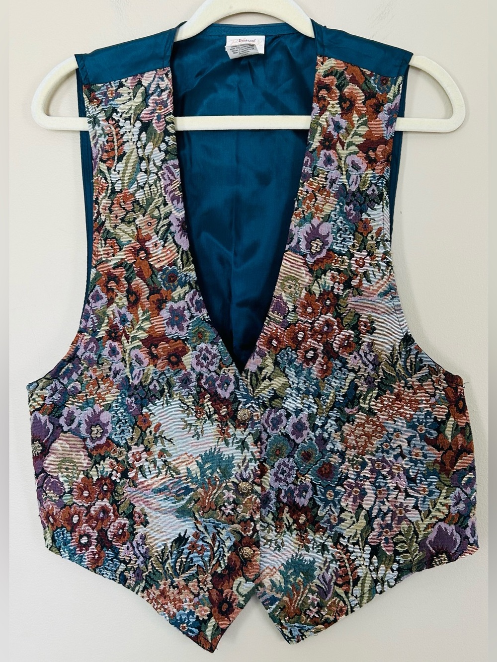Vintage Backroad Blues Floral Tapestry Vest - Teal Lining